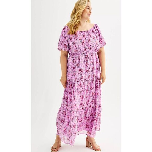 Draper James RSVP Large purple floral tiered maxi off shoulder flowy dress - Picture 3 of 9